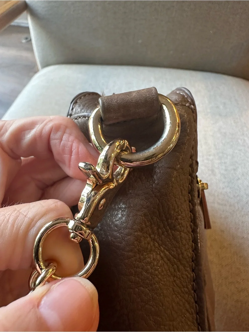 Kelsi Dagger Brown Leather Crossbody Bag with Gold Stud Accents and Chain Strap